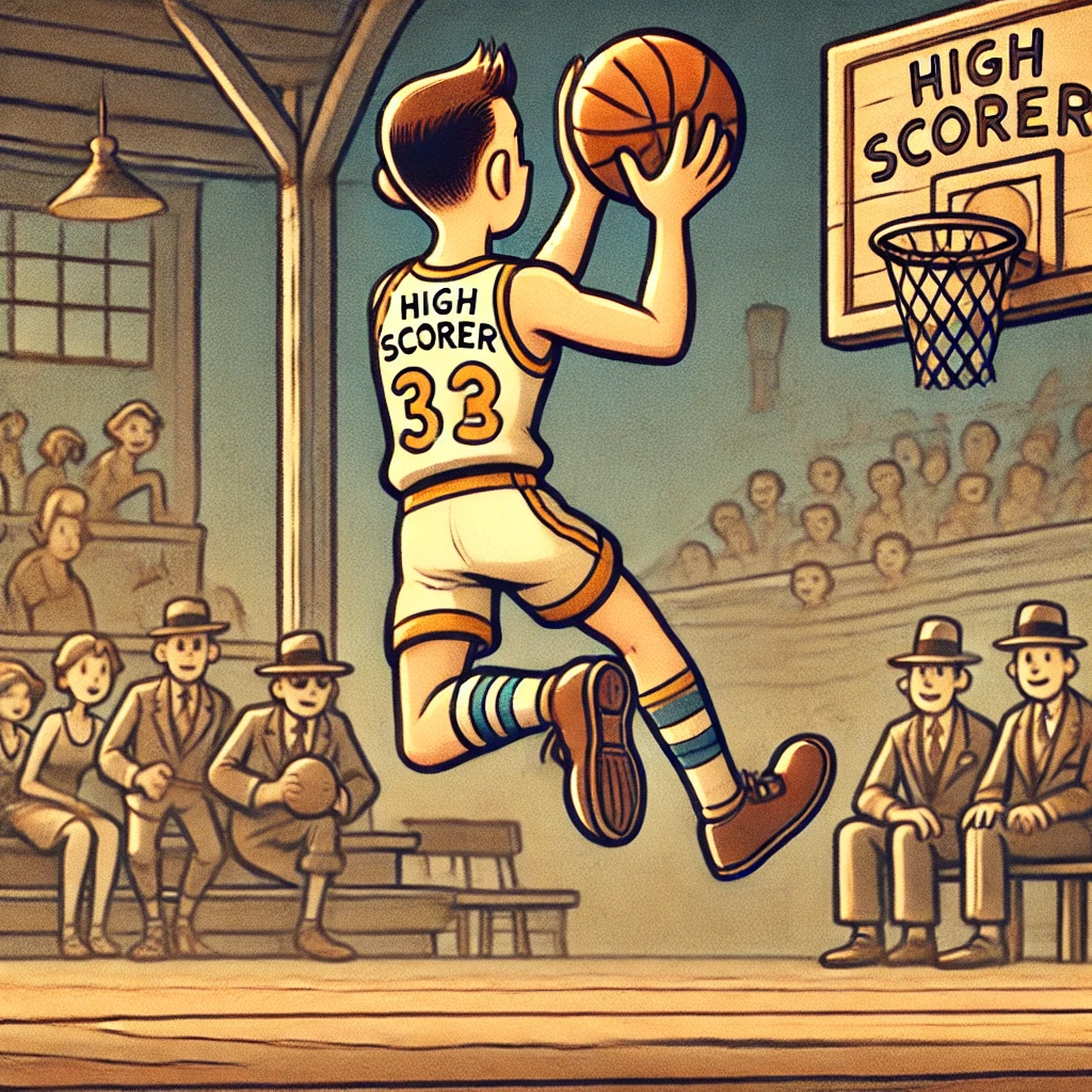 A cartoon image of a basketball player from the early 1900s style, featuring vintage aesthetics such as muted colors and simple lines. The player is i