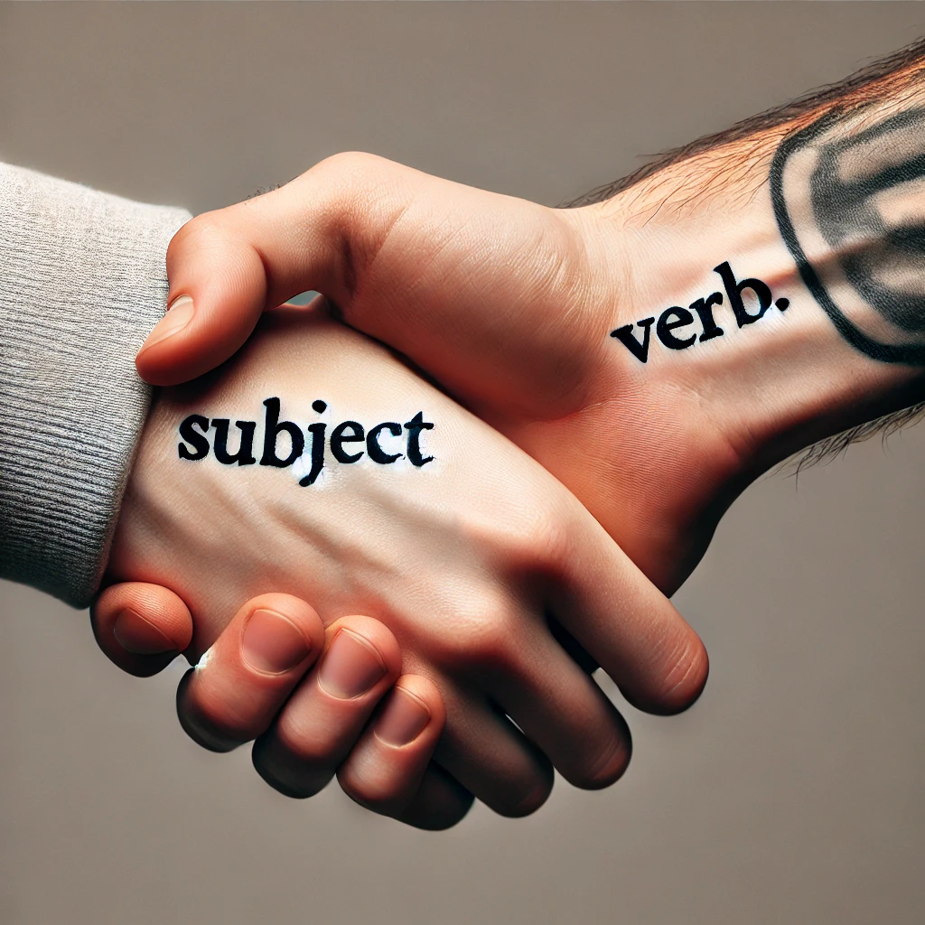 A close-up of two hands shaking. One hand has a tattoo on the wrist that says 'Subject' in a clean, bold font, while the other hand has a tattoo on th