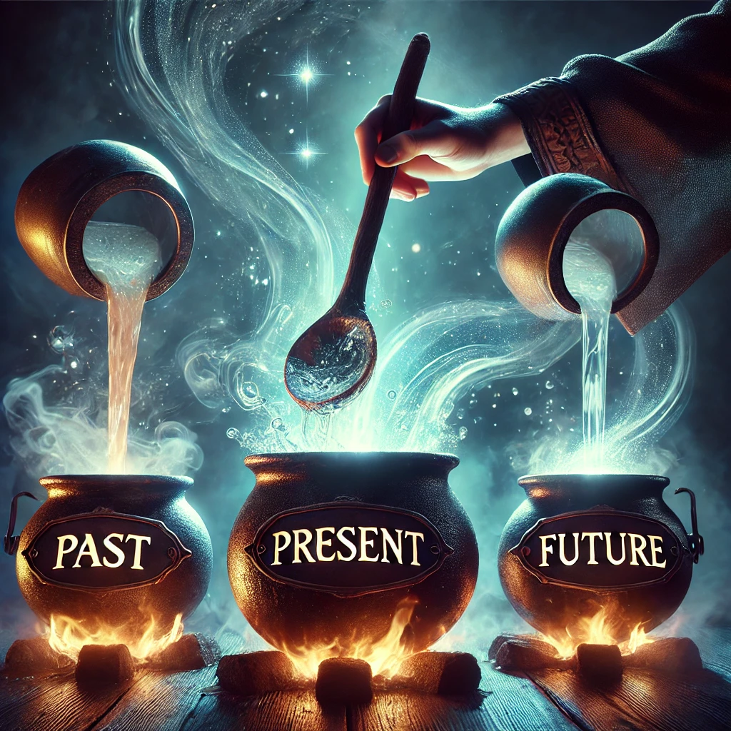 A magical scene of someone stirring a large cauldron, with liquid pouring into the pot from three separate containers labeled 'Past,' 'Present,' and '