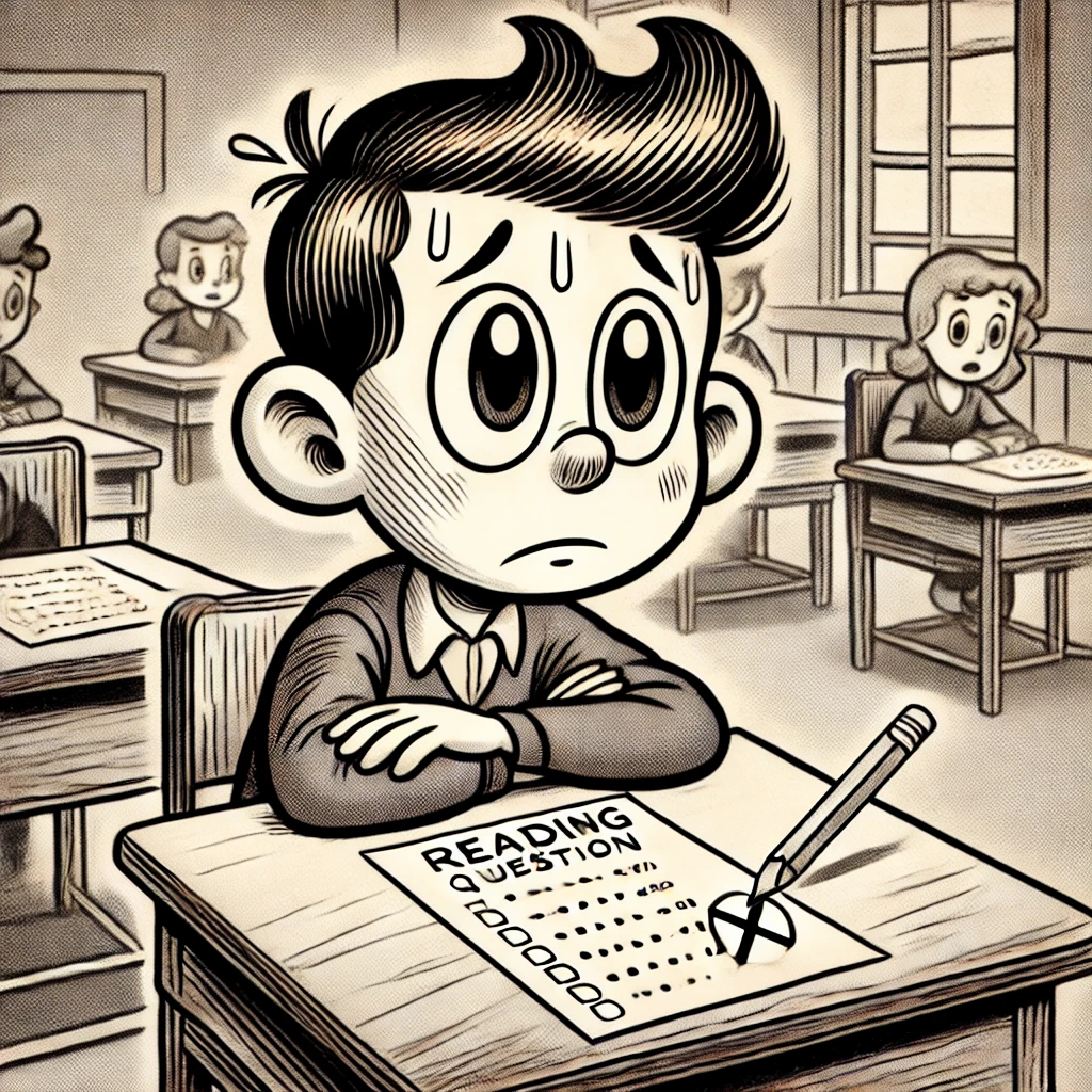 A student sitting at a desk in the style of an old black-and-white cartoon. The student has exaggerated cartoon features typical of early animation