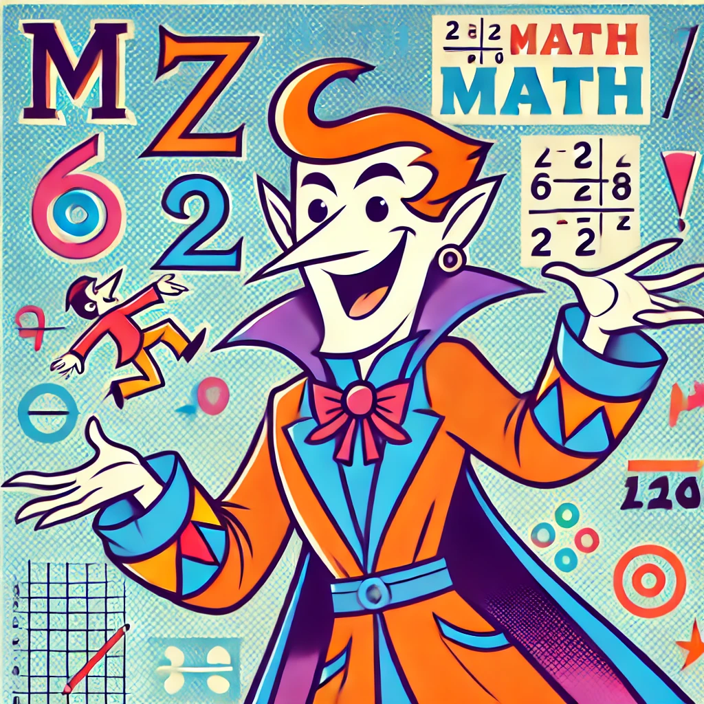 A whimsical trickster character styled like a 1960s cartoon, with bold outlines and vibrant, flat colors. He has a playful expression, engaging in a m