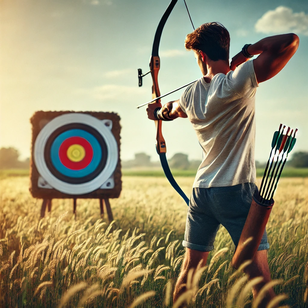 A person aiming at a bullseye target in an open field. The person, dressed in casual athletic wear, stands in a determined stance with a bow and arrow