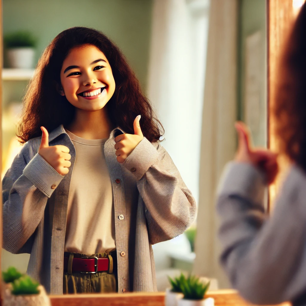 A young girl standing in front of a mirror, smiling brightly and giving herself a thumbs-up. She is casually dressed in comfortable clothes, and her j