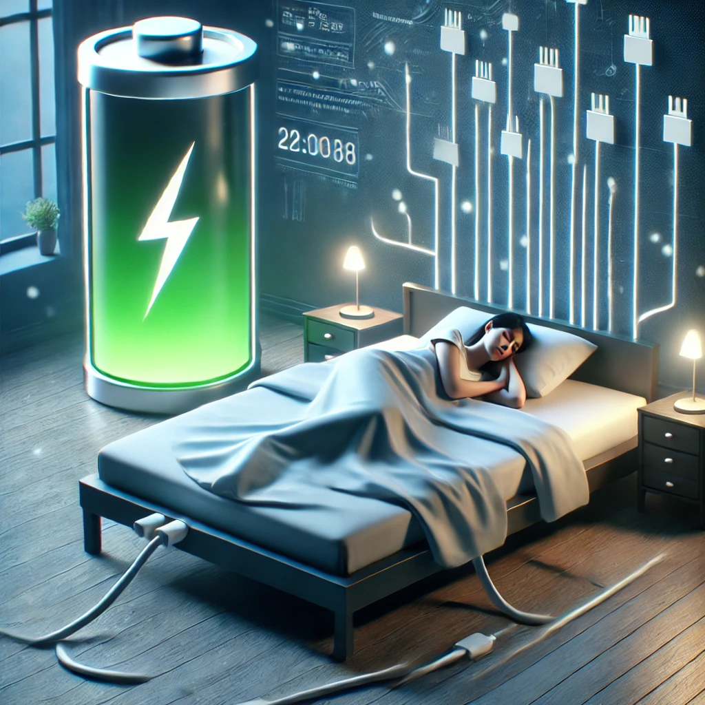 A person sleeping peacefully in a bed that resembles a giant phone charger. The bed is designed with charging ports and cables connected to the person