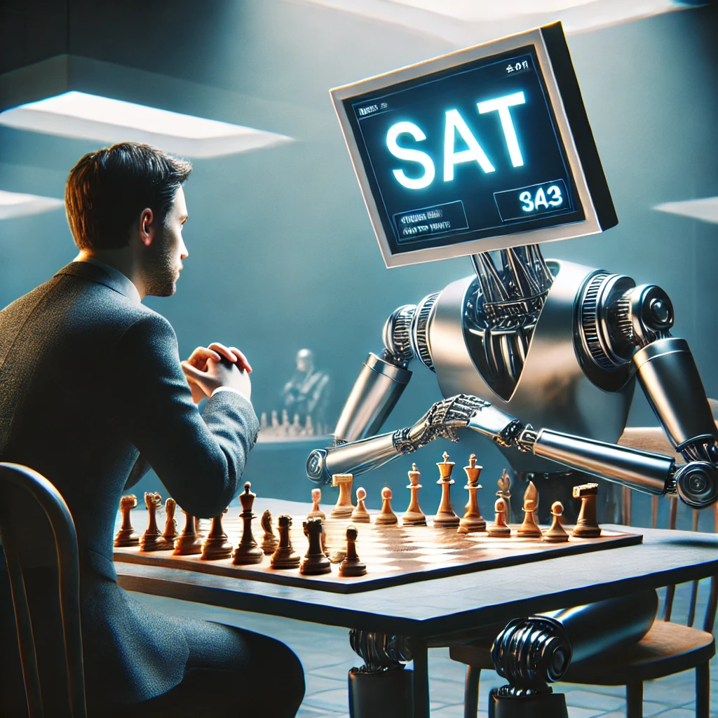 A person playing chess against a robot with a monitor for a head, which displays the word 'SAT' on the screen. The scene takes place in a modern, futu