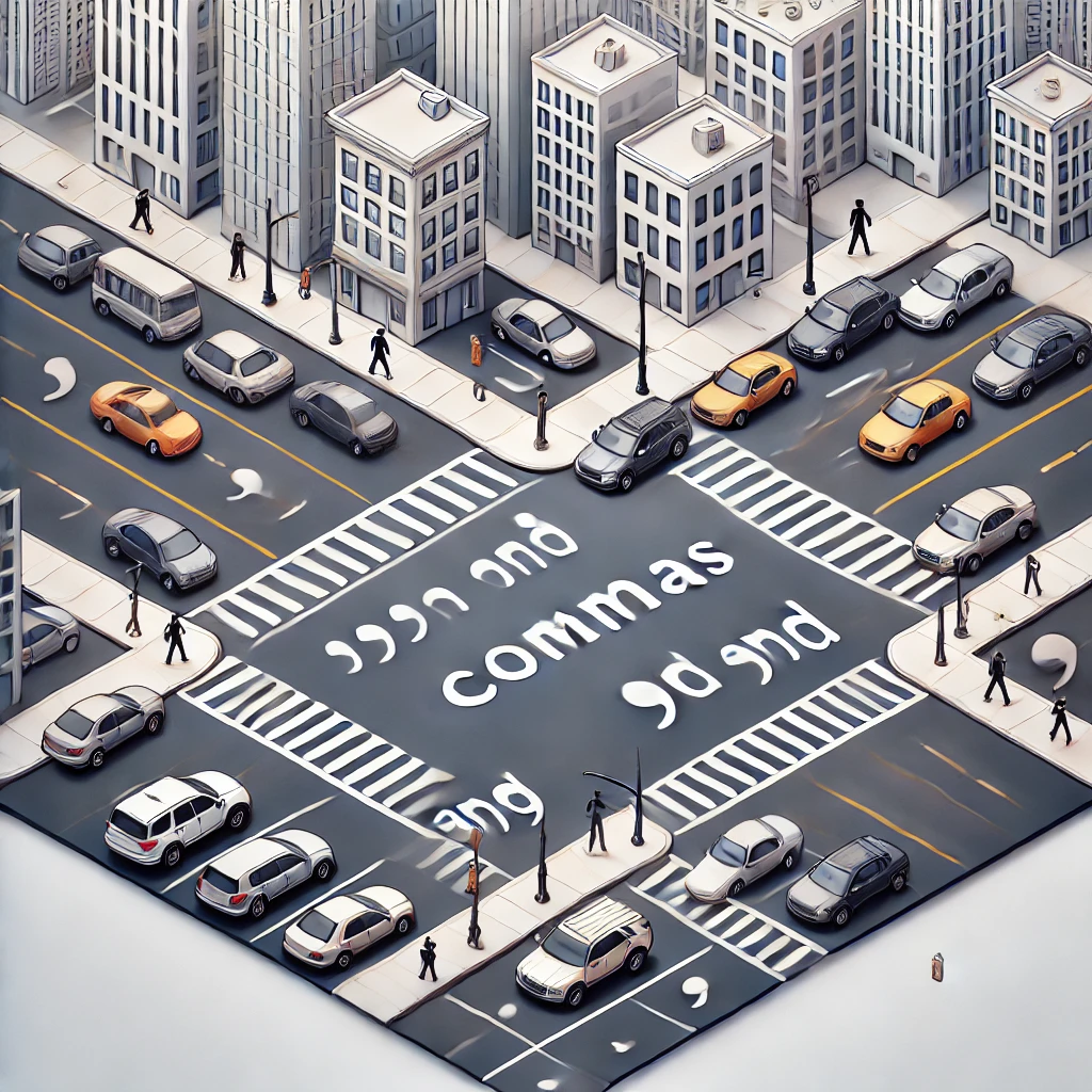 A visual analogy illustrating comma usage at a traffic intersection with no letters or text. The visual elements include cars lined up to represent co