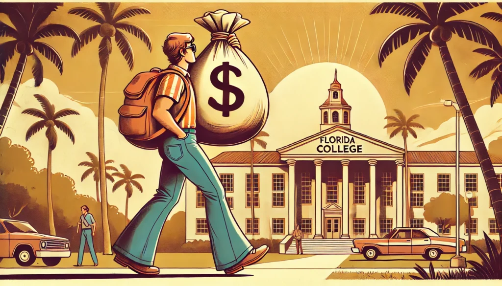 A wide banner image in the style of a 1970s cartoon, showing a student walking onto a Florida college campus while carrying a large moneybag over his shoulder