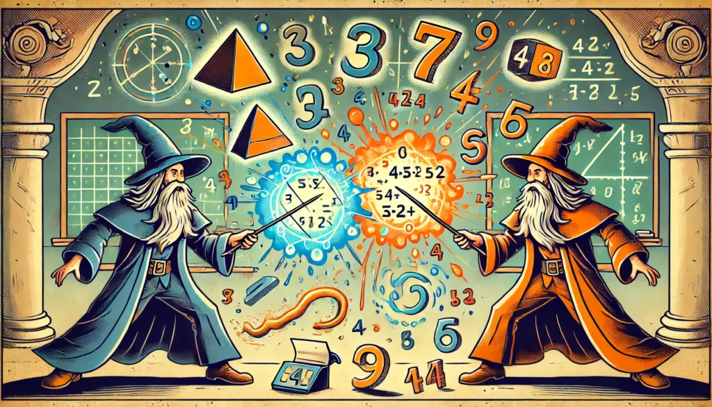 A wide banner in landscape mode featuring two math wizards in an epic battle, casting glowing math-based spells at each other