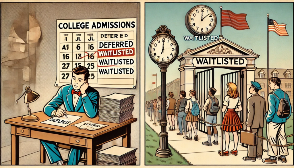 A wide banner in the style of an old cartoon, illustrating the difference between college admissions deferral and waitlisting