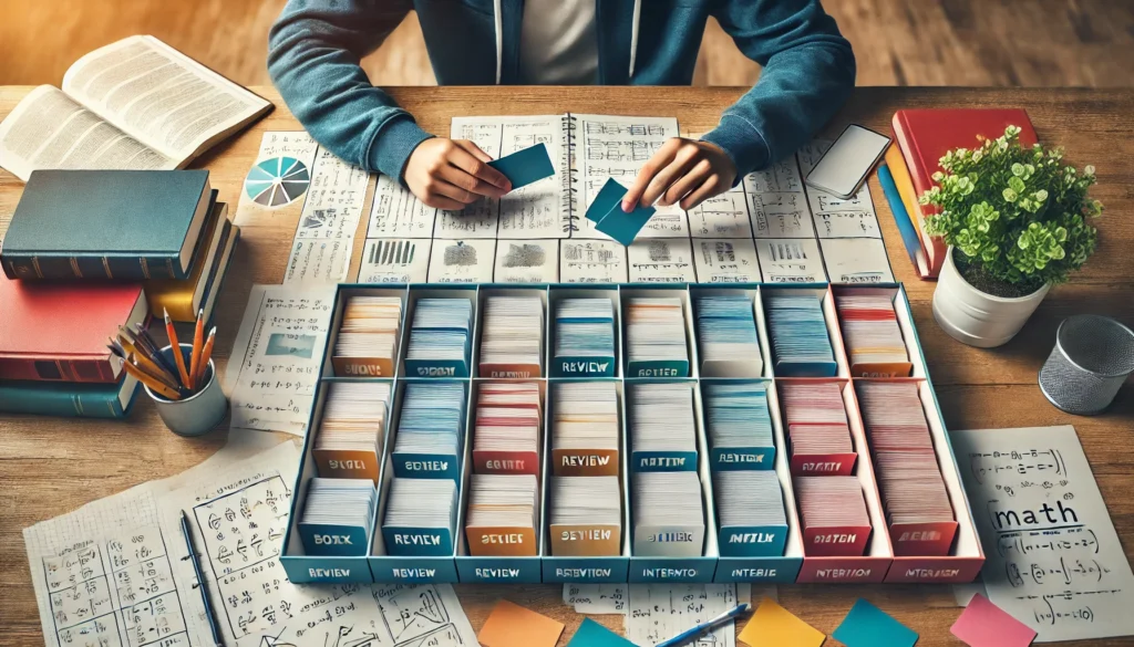 A wide image of a student studying and putting flashcards into a box with 4 other boxes laid out in a row in front of him.