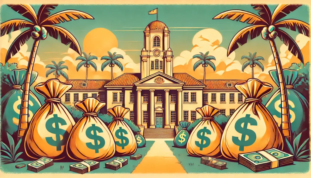 A_wide_banner_image_in_the_style_of_a_1970s_cartoon_showing_moneybags_surrounding_a_classic_Florida_college_campus.