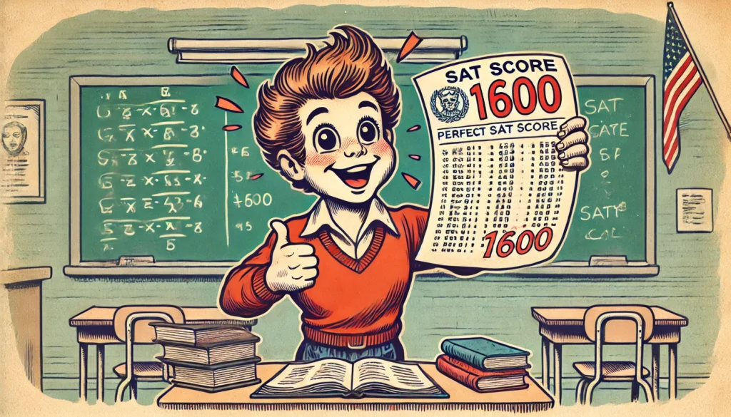 An old cartoon-style image of a high school student celebrating a perfect SAT score of 1600. The student is in a classroom setting, standing by their desk