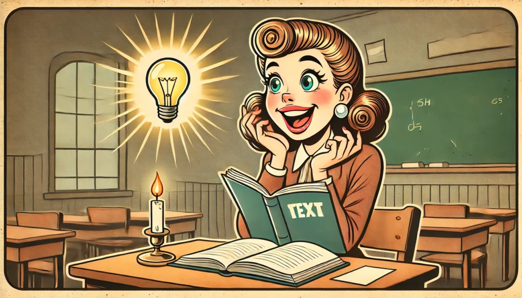 A wide banner image in an old 1950s cartoon style showing a female student having a realization moment while reading a text. The student is sitting at