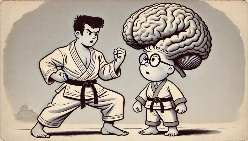 A wide banner 1950s-style cartoon illustration depicting a martial artist training a kid with an oversized brain.