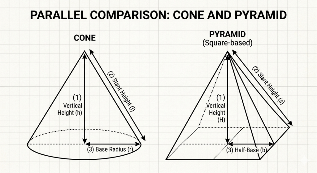Diagram showing slant height vs vertical height on a cone and square pyramid with labeled measurements