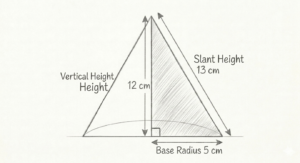 Labeled square pyramid diagram showing slant height calculation with base 6m and height 4m