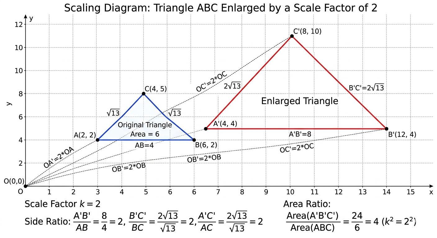 Scaling diagram showing a triangle enlarged by a scale factor of 2 in geometry