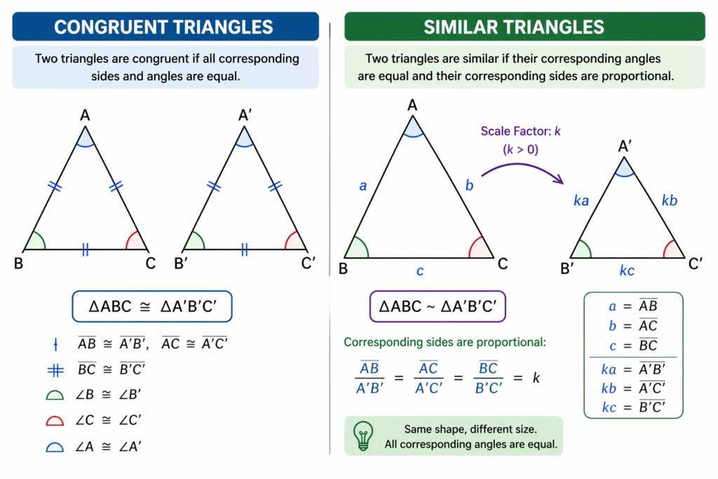 Side-by-side diagram comparing congruent triangles with equal sides versus similar triangles with proportional sides