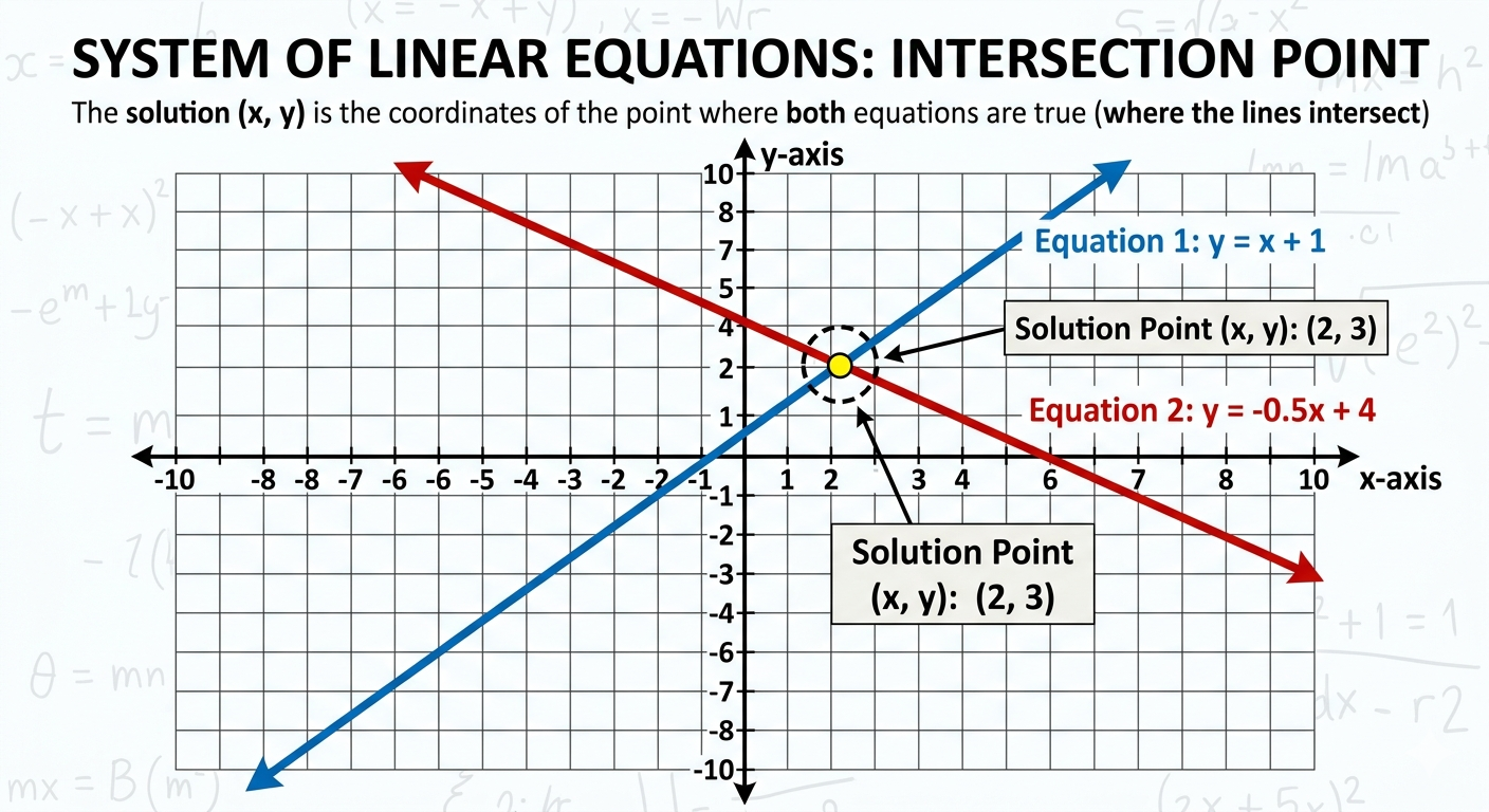 Systems of equations diagram showing two linear equations intersecting at a solution point on a coordinate plane