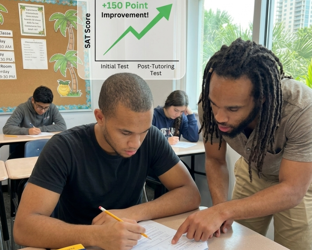 SAT Prep Program Orlando - student studying for SAT with InLighten tutor · Score improvement graphic overlay